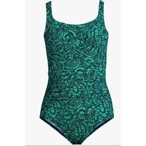 LANDS' END Women’s One Piece Swimsuit 8 DDD Navy Green Paisley Slender Suit NWT